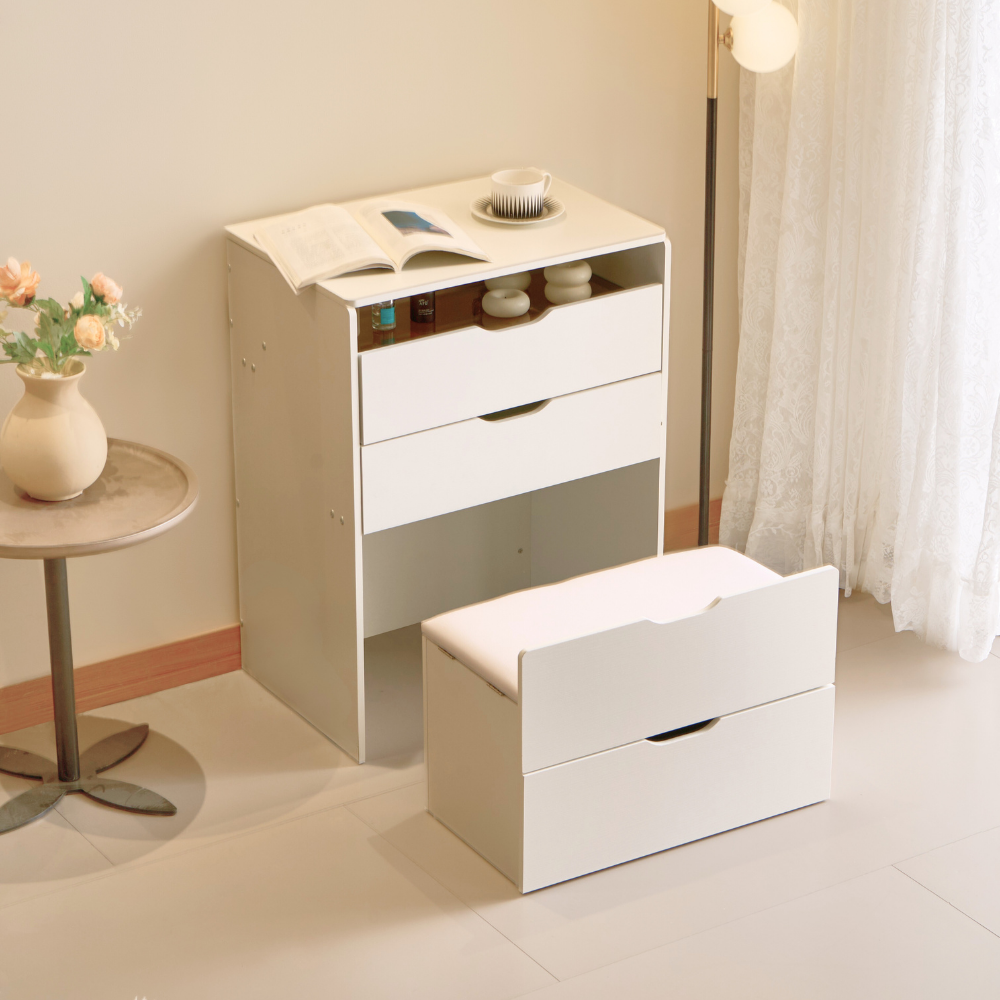 Cream Style Lift-Top Vanity Dresser with LED Mirror and Storage Drawers （Small）-3
