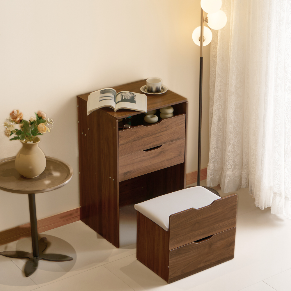 Walnut Lift-Top Vanity Table with Drawer Stool for Small Spaces（Large）-2