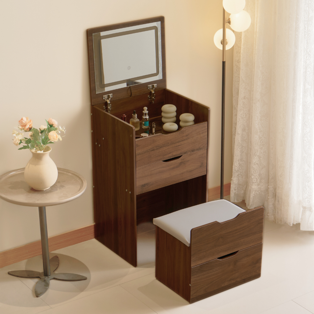 Walnut Lift-Top Vanity Table with Drawer Stool for Small Spaces（Large）-3