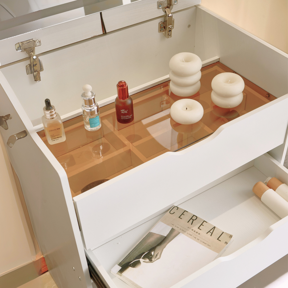 Cream Style Lift-Top Vanity Dresser with LED Mirror and Storage Drawers （Small）-5