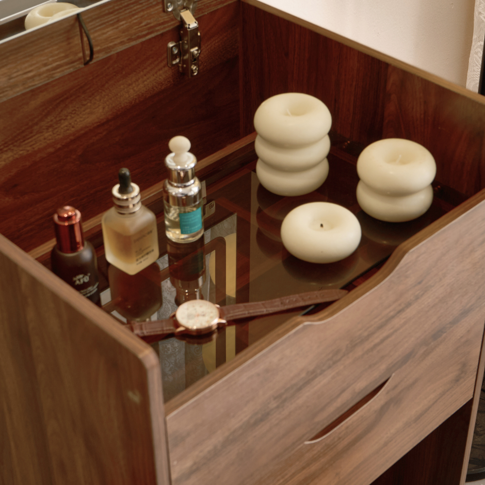 Walnut Lift-Top Vanity Table with Drawer Stool for Small Spaces（Large）-4