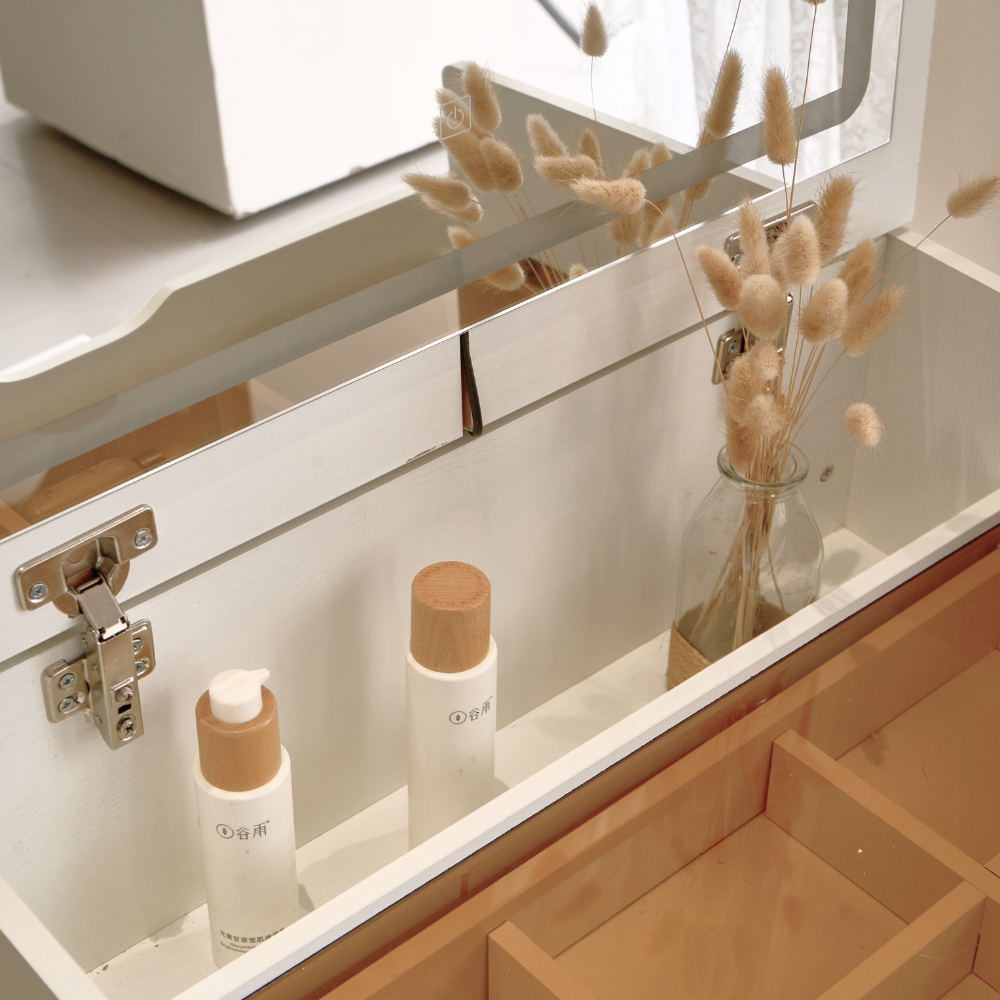 Cream Style Lift-Top Vanity Dresser with LED Mirror and Storage Drawers （Small）-6