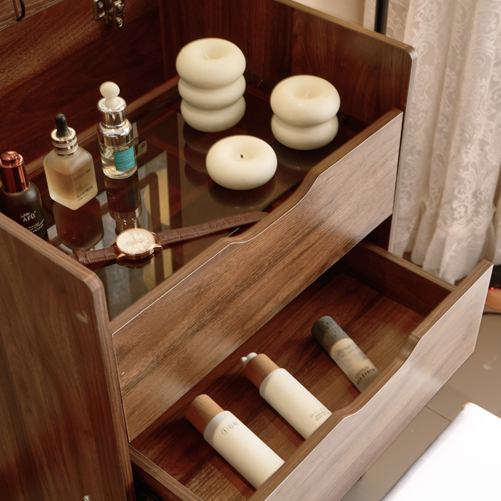Walnut Lift-Top Vanity Table with Drawer Stool for Small Spaces（Large）-5