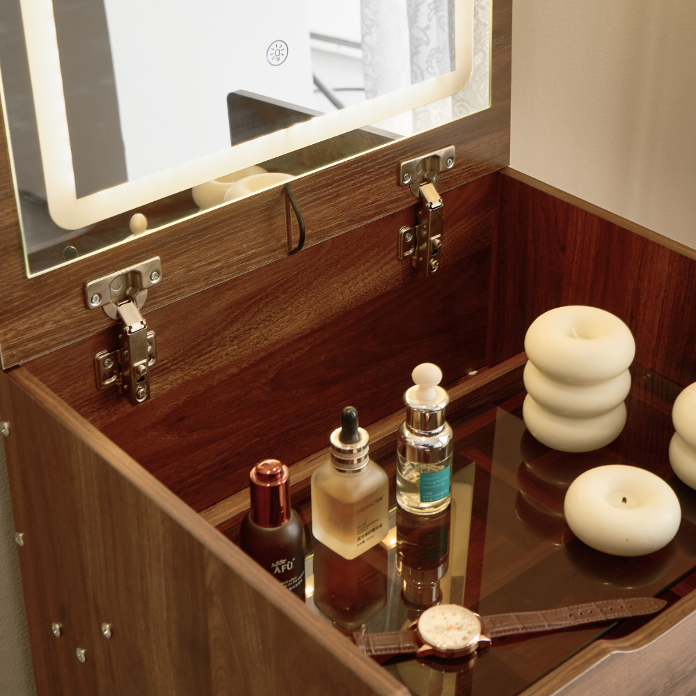 Walnut Lift-Top Vanity Table with Drawer Stool for Small Spaces（Large）-6