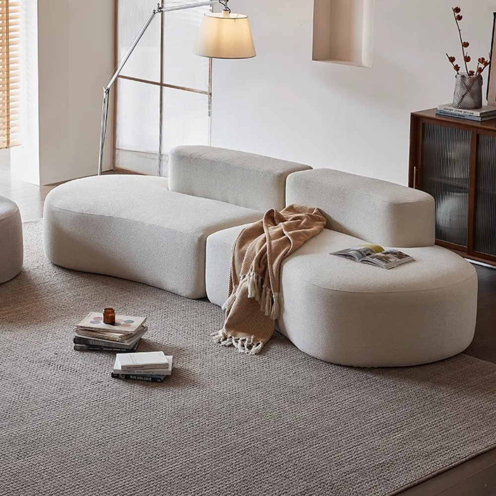 Wave‑shaped teddy velvet sofa in plush white—vacuum‑packed for easy delivery. Available in single, 2‑seat and 3‑seat sizes. Stylish curved design perfect for living rooms, guest rooms & studios.