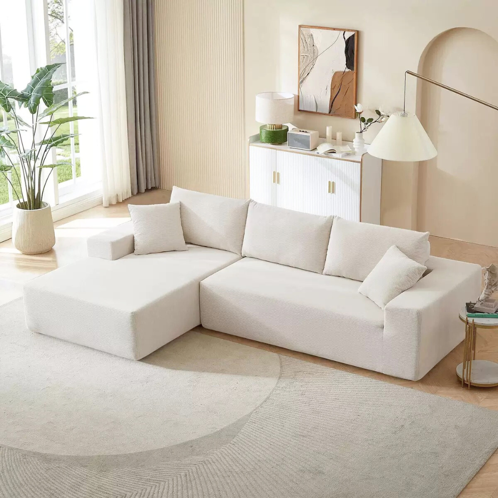  Modular compressed sofa in plush teddy or corduroy—vacuum‑packed single block or sectional layout, cozy and easy to transport for living room, studio or guest rooms.