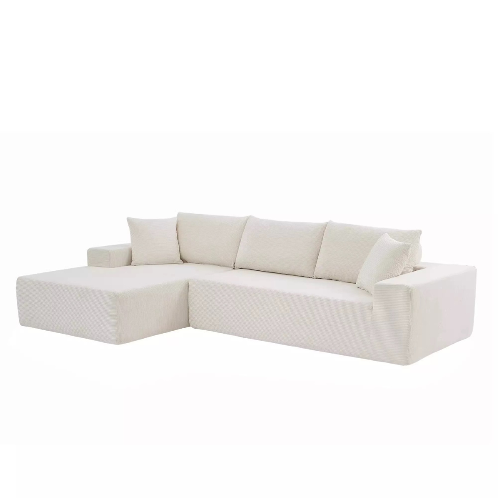 Modular compressed sofa in plush teddy or corduroy—vacuum‑packed single block or sectional layout, cozy and easy to transport for living room, studio or guest rooms.