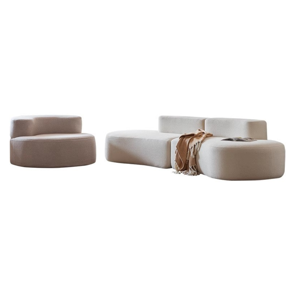 Wave-shaped teddy velvet sofa in white/brown/green—plush curvy design, vacuum-packed single or multi-seat options, ideal for living rooms, studios and guest areas.