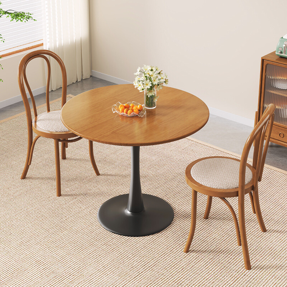 Round Rubber Wood Dining Table with Modern Carbon Steel Base for Small Spaces-1