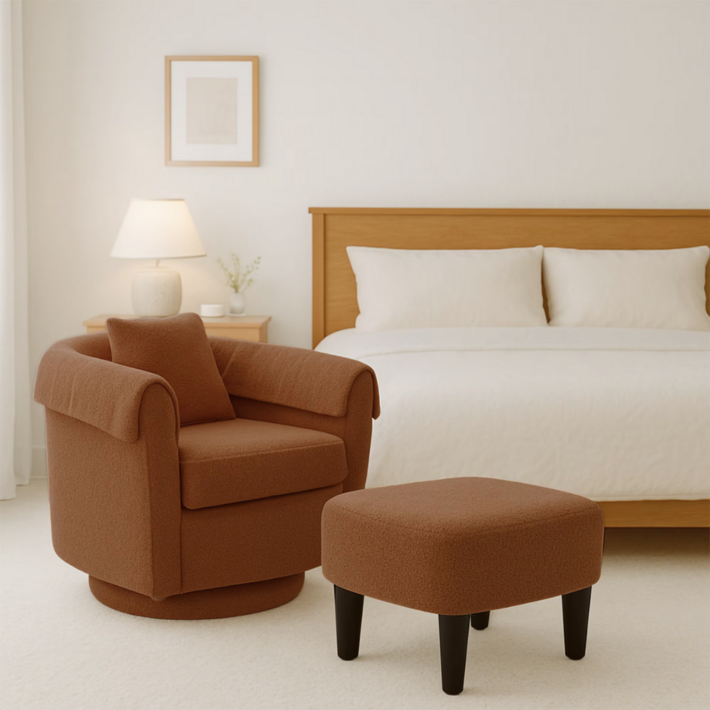 Chenille swivel accent chair with barrel back and matching ottoman, 360° swivel base, reading nook seating set in warm brown tone.