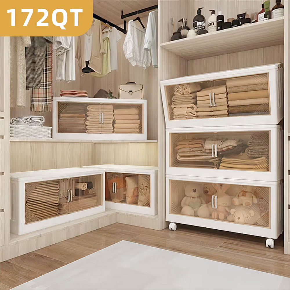 Foldable polypropylene storage box with clear swing doors, 3‑tier 21.6‑inch wide mobile organizer on wheels for clothes, toys or kitchen essentials.