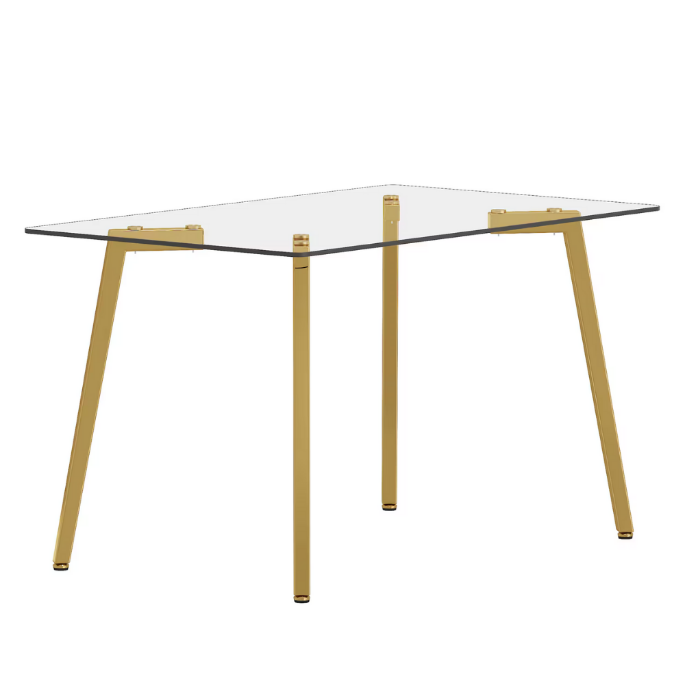 Modern glass dining table with clear tempered top and Z‑shaped metal legs in silver or gold, sleek minimalist design, easy clean, space‑saving.