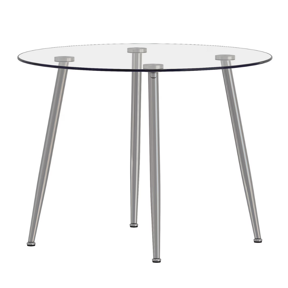Modern round glass dining table with 39.7″ tempered glass top and slanted metal legs in silver or gold, minimalist space‑saving design, easy to clean.