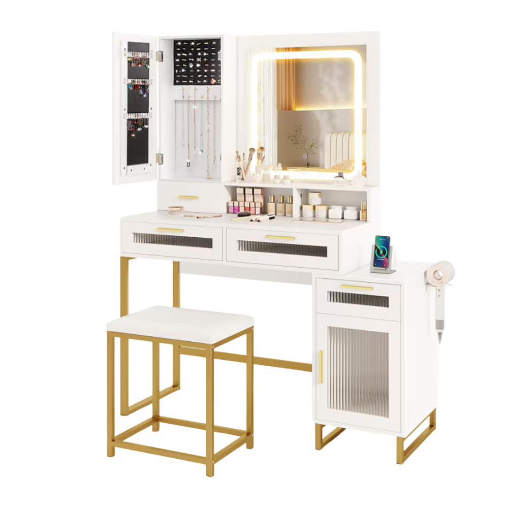 White and gold makeup vanity desk set with LED mirror, drawers, stool, charging ports and hairdryer hook
