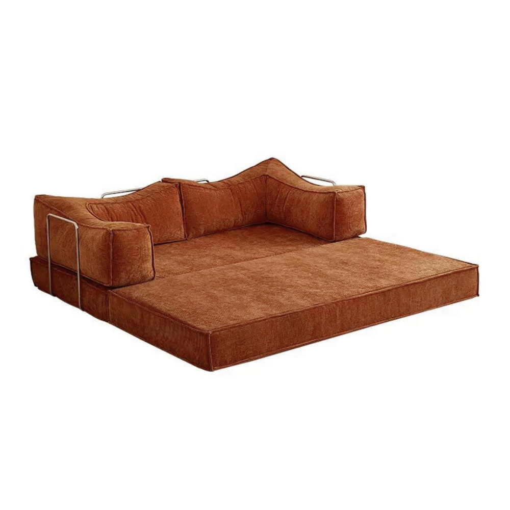 Compressed modular sofa bed in brown corduroy or yellow linen – deep seat, convertible, space-saving, eco-friendly fabric, texture close-up, 2025 trend.