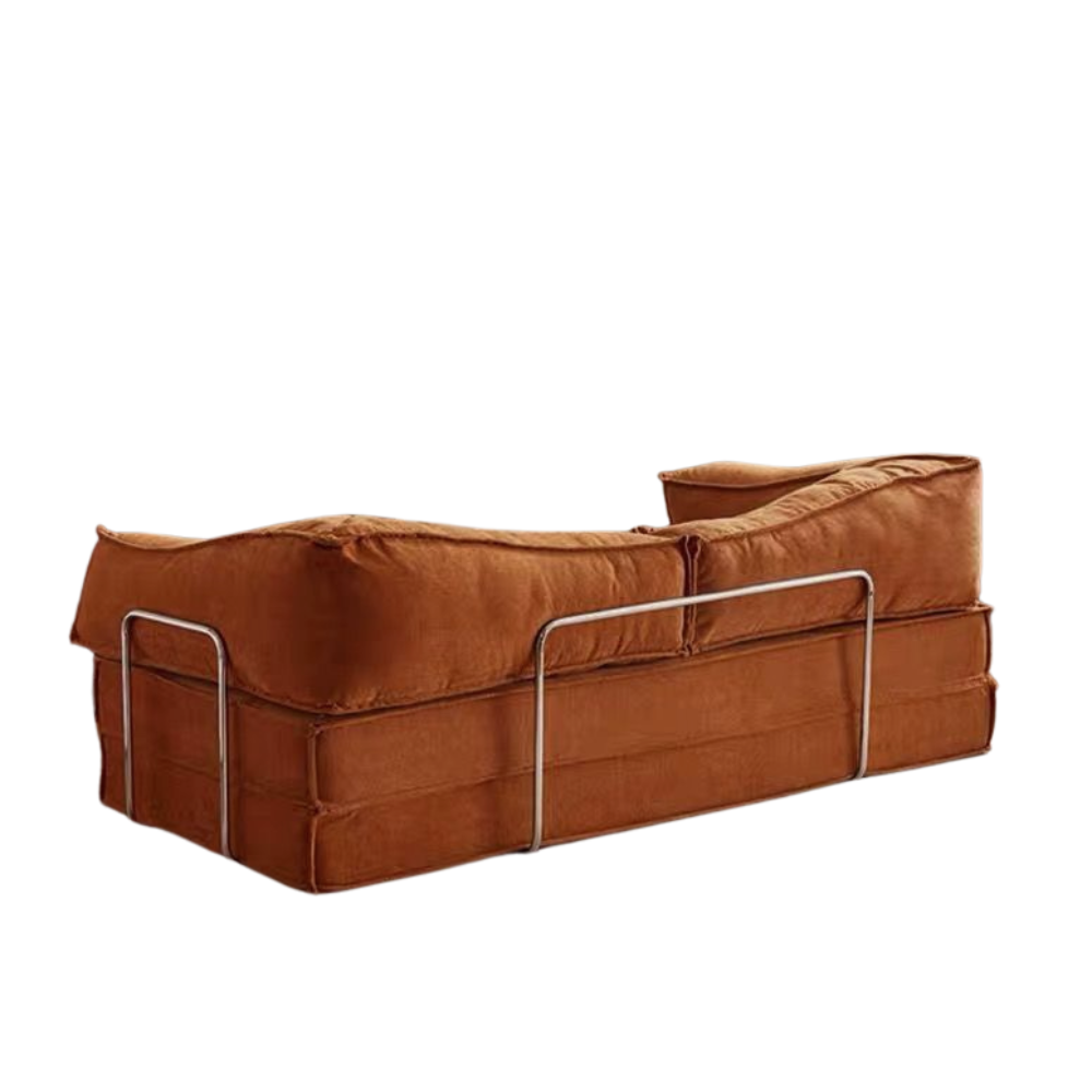 Compressed modular sofa bed in brown corduroy or yellow linen – deep seat, convertible, space-saving, eco-friendly fabric, texture close-up, 2025 trend.