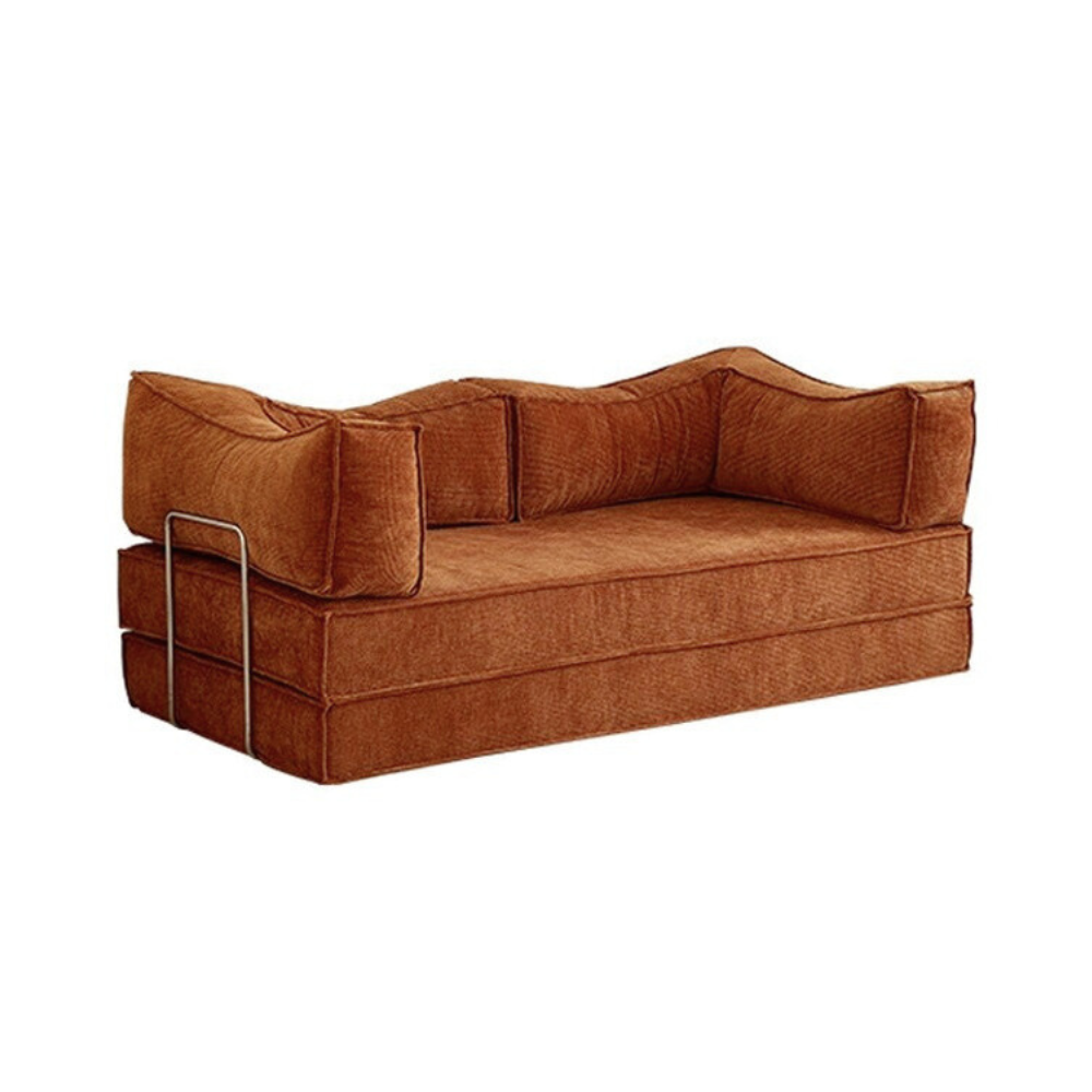 Compressed modular sofa bed in brown corduroy or yellow linen – deep seat, convertible, space-saving, eco-friendly fabric, texture close-up, 2025 trend.