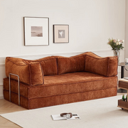 Compressed modular sofa bed in brown corduroy or yellow linen – deep seat, convertible, space-saving, eco-friendly fabric, texture close-up, 2025 trend