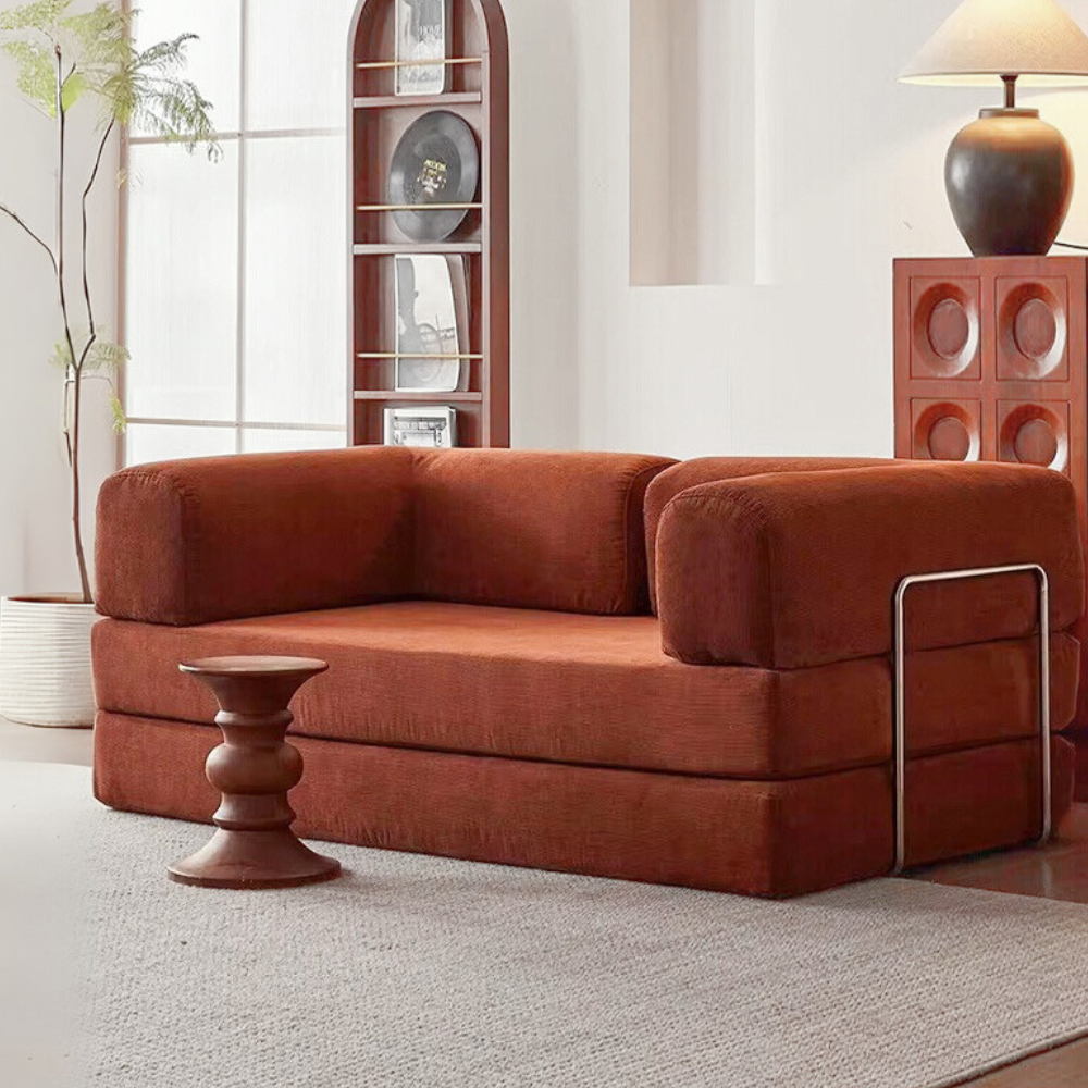 Fully compressed lamb wool sectional sofa bed in brown corduroy, modular and space‑saving design, deep‑seating sofa bed, free color customization, 2025 trend.