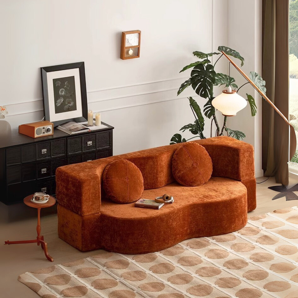 Teddy velvet compressed sofa bed—multifunctional modular sofa bed in brown velvet, deep‑seating, space‑saving, free color customization, 2025 furniture trend,