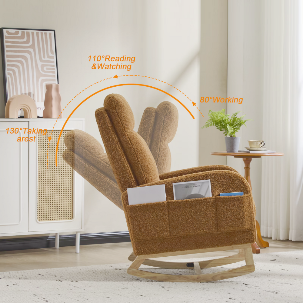 High‑back teddy fabric rocking chair with solid wood base and side pocket, ideal for nursery, reading or relaxing.