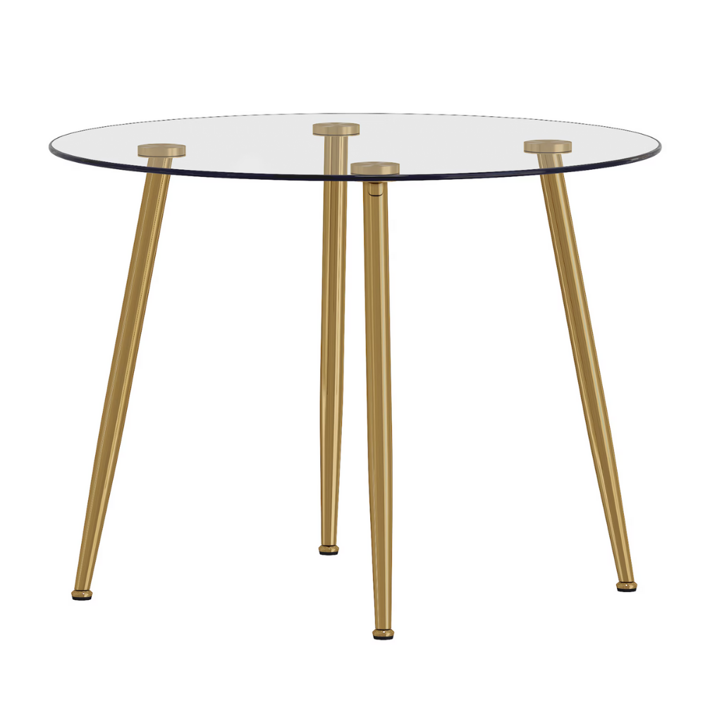 Modern round glass dining table with 39.7″ tempered glass top and slanted metal legs in silver or gold, minimalist space‑saving design, easy to clean.