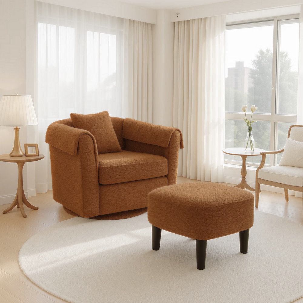 Chenille swivel accent chair with barrel back and matching ottoman, 360° swivel base, reading nook seating set in warm brown tone.
