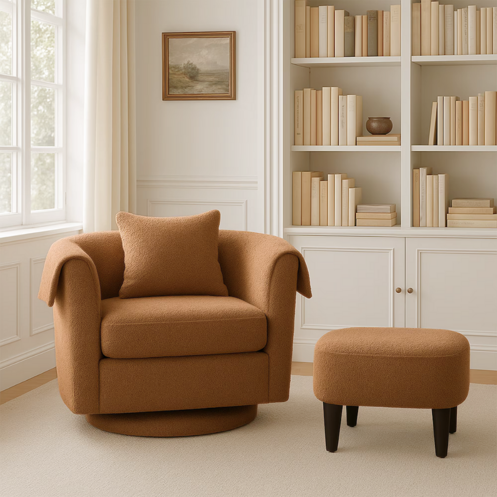 Chenille swivel accent chair with barrel back and matching ottoman, 360° swivel base, reading nook seating set in warm brown tone.