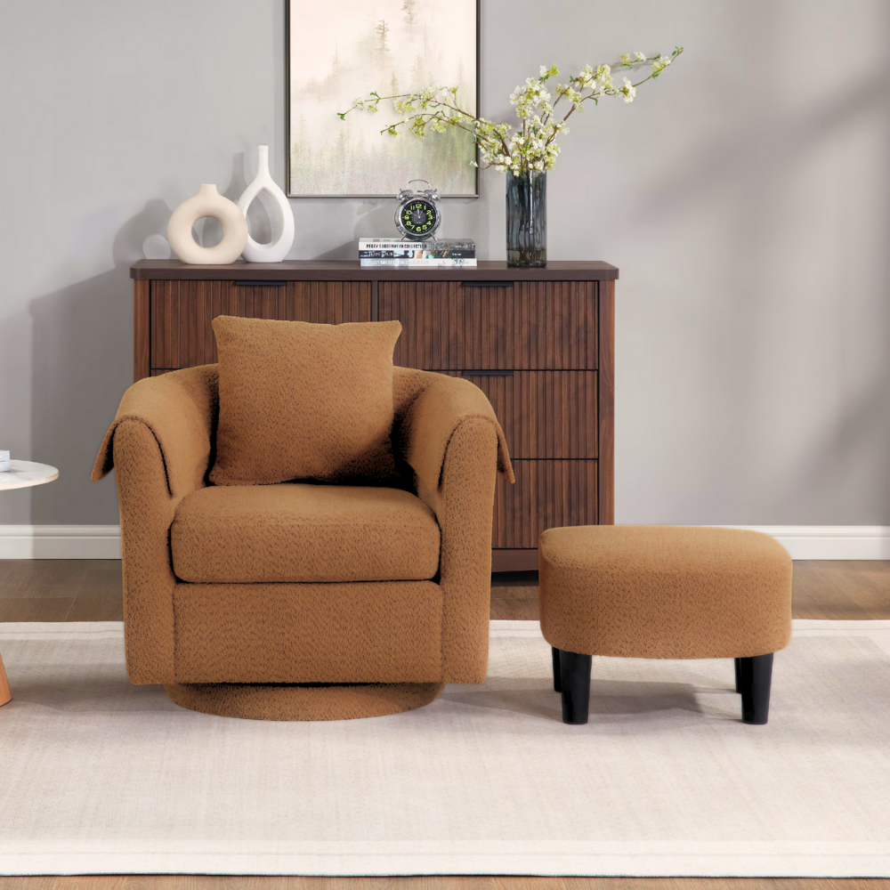 Chenille swivel accent chair with barrel back and matching ottoman, 360° swivel base, reading nook seating set in warm brown tone.