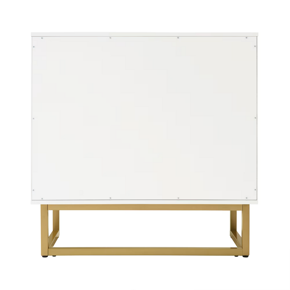 Modern white and gold herringbone pattern sideboard with adjustable storage and double doors for living room or entryway organization.