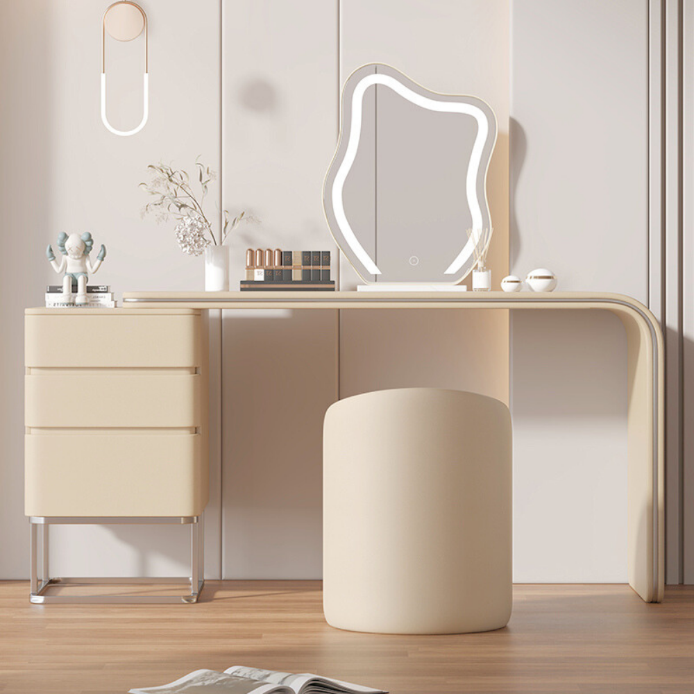 Hidden drawer cloud mirror vanity desk with lighted cloud-shaped mirror, spacious tabletop, smooth drawers, and padded stool in neutral tones.