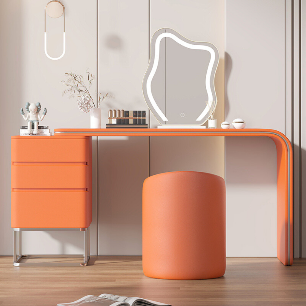 Hidden drawer cloud mirror vanity desk with lighted cloud-shaped mirror, spacious tabletop, smooth drawers, and padded stool in neutral tones.