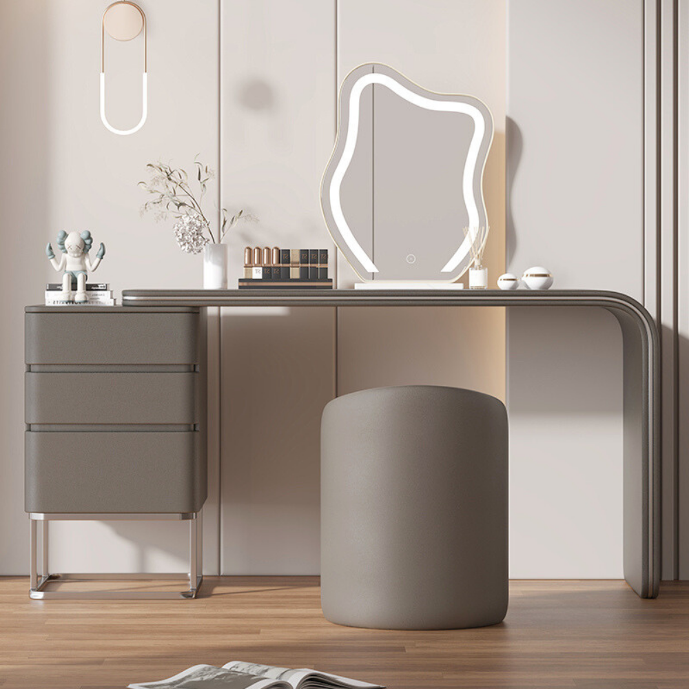 Hidden drawer cloud mirror vanity desk with lighted cloud-shaped mirror, spacious tabletop, smooth drawers, and padded stool in neutral tones.