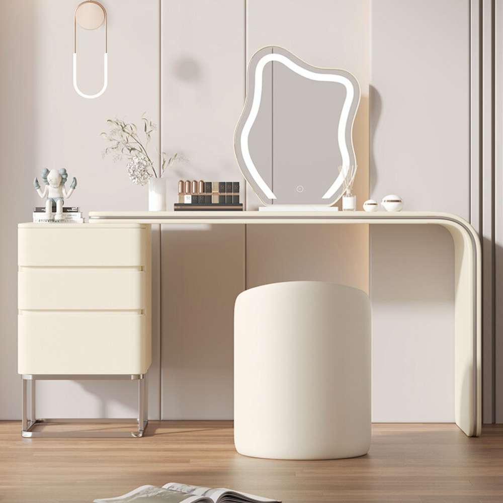 Hidden drawer cloud mirror vanity desk with lighted cloud-shaped mirror, spacious tabletop, smooth drawers, and padded stool in neutral tones.
