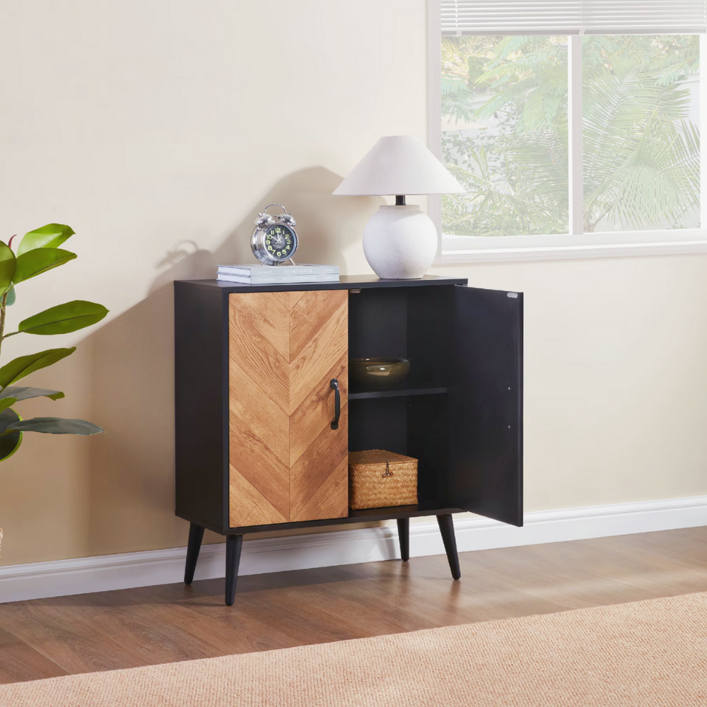 Modern black and wood herringbone storage cabinet with double doors for entryway or kitchen organization.