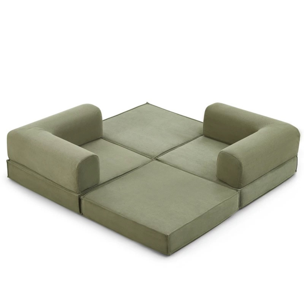 Compressed corduroy modular sofa bed in green, free color customization, deep seating sofa beds, space-saving modular couch, 2025 furniture trend.
