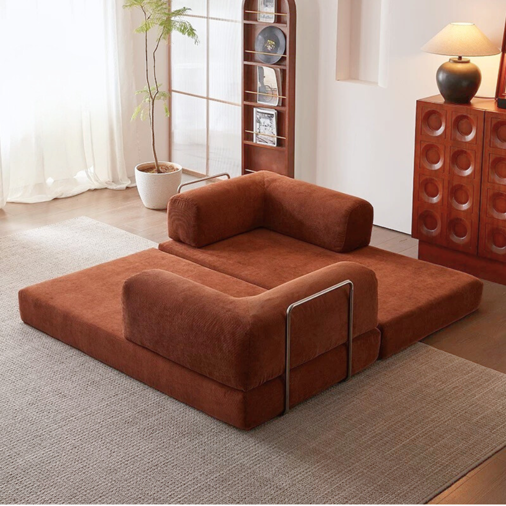 Fully compressed lamb wool sectional sofa bed in brown corduroy, modular and space‑saving design, deep‑seating sofa bed, free color customization, 2025 trend.