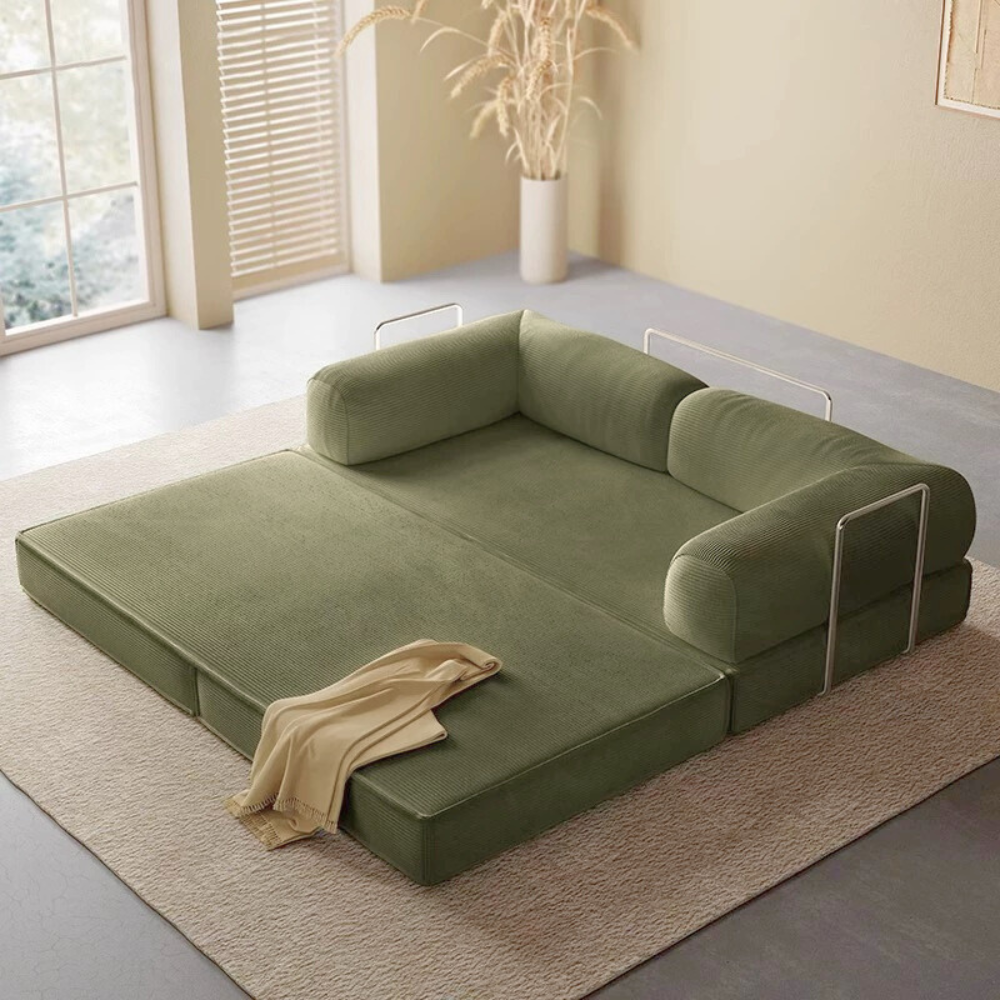 Compressed corduroy modular sofa bed in green, free color customization, deep seating sofa beds, space-saving modular couch, 2025 furniture trend.
