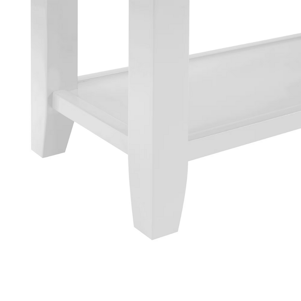 Retro pine console table—vintage charm with two drawers and open shelves. Solid pine/plywood, entryway-friendly, storage-savvy, easy assembly.