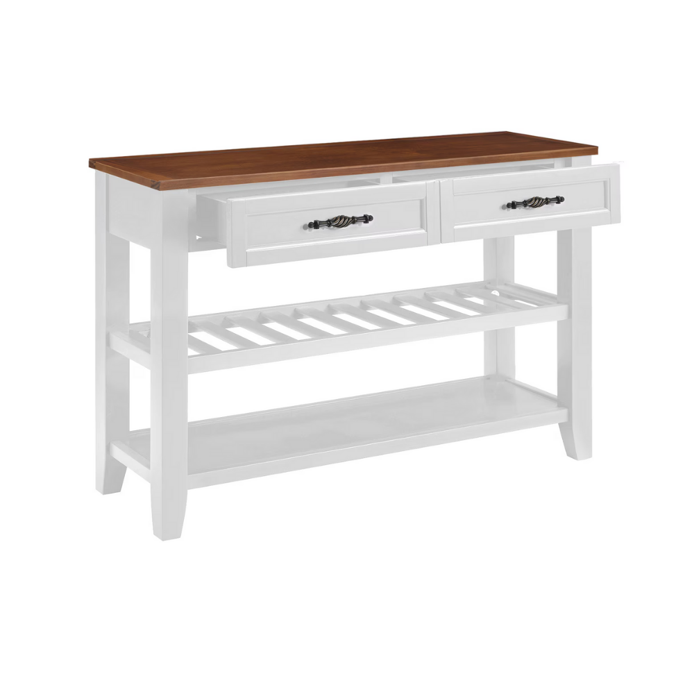 Retro pine console table—vintage charm with two drawers and open shelves. Solid pine/plywood, entryway-friendly, storage-savvy, easy assembly.