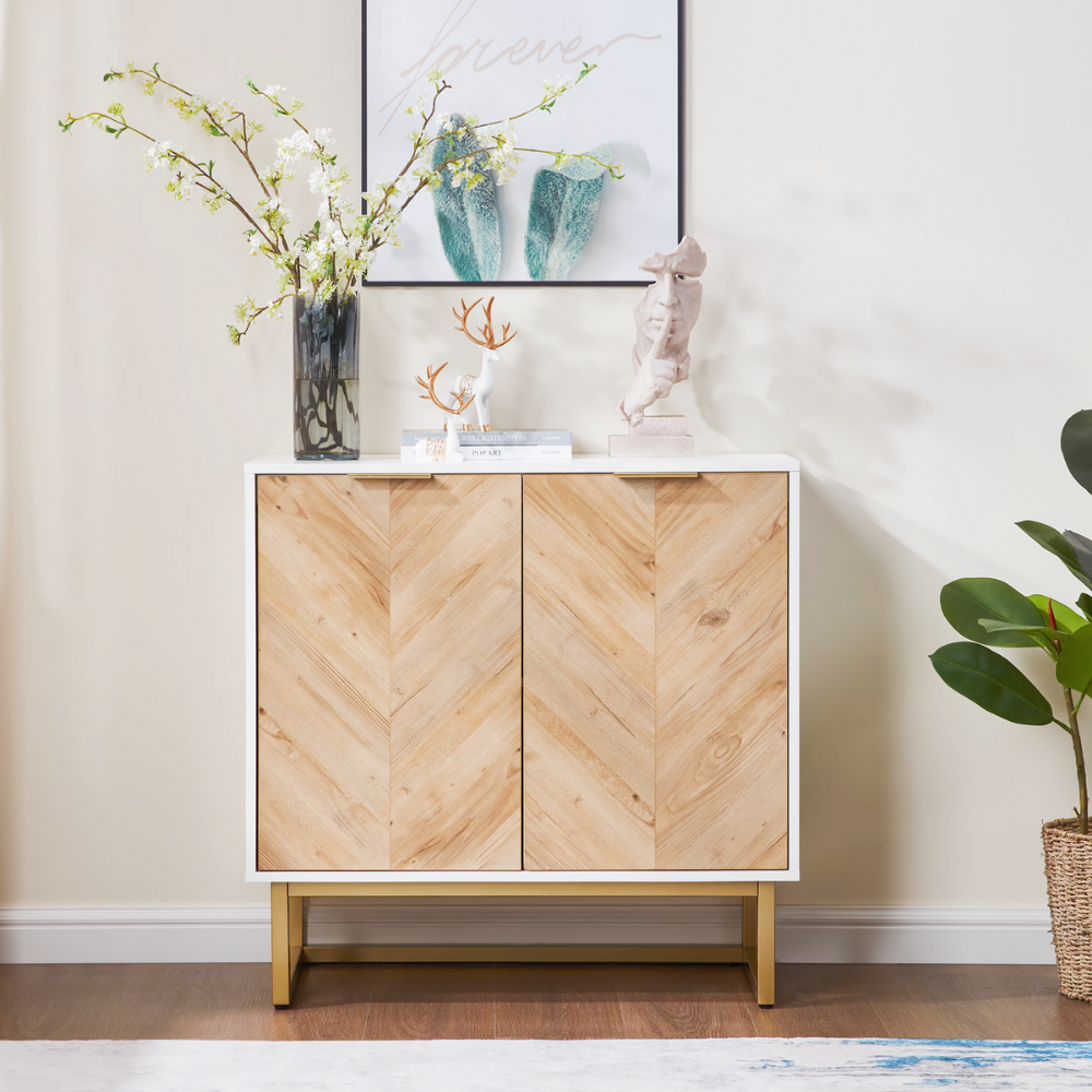Modern white and gold herringbone pattern sideboard with adjustable storage and double doors for living room or entryway organization.