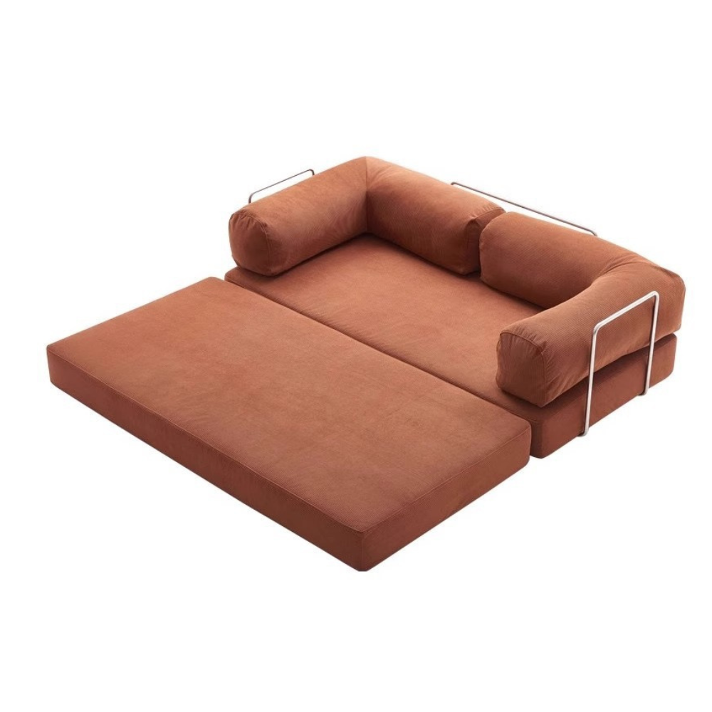 Fully compressed lamb wool sectional sofa bed in brown corduroy, modular and space‑saving design, deep‑seating sofa bed, free color customization, 2025 trend.