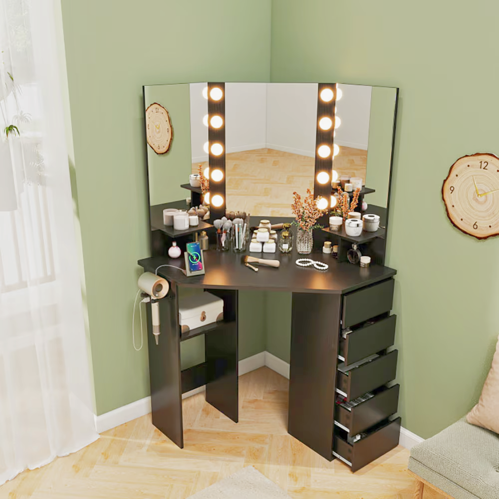 Hollywood‑inspired corner vanity desk with LED mirror, power outlets, drawers and hairdryer rack.