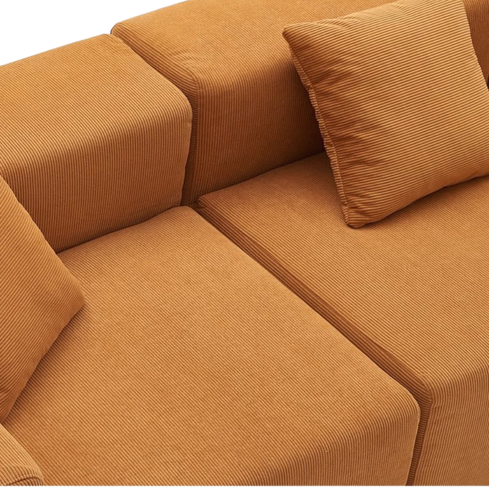 Fully Compressed Large Sofa modular sectional in corduroy or linen, earthy tone, modern minimalist design, deep seating, versatile layout, close-up of texture and stitching
