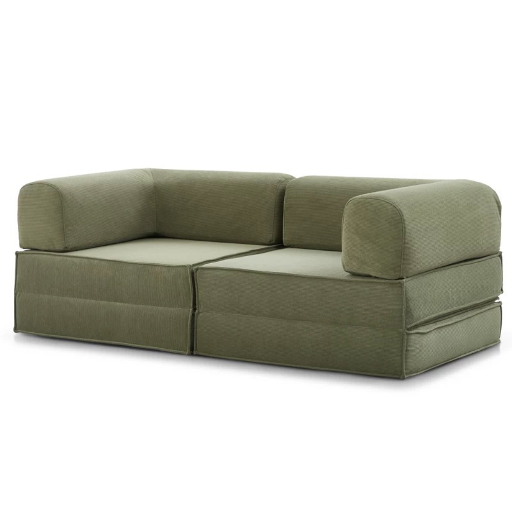 Compressed corduroy modular sofa bed in green, free color customization, deep seating sofa beds, space-saving modular couch, 2025 furniture trend.