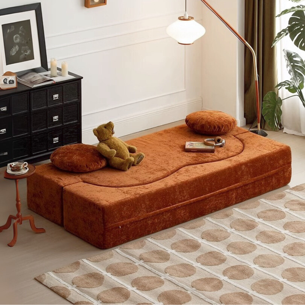 Teddy velvet compressed sofa bed—multifunctional modular sofa bed in brown velvet, deep‑seating, space‑saving, free color customization, 2025 furniture trend,