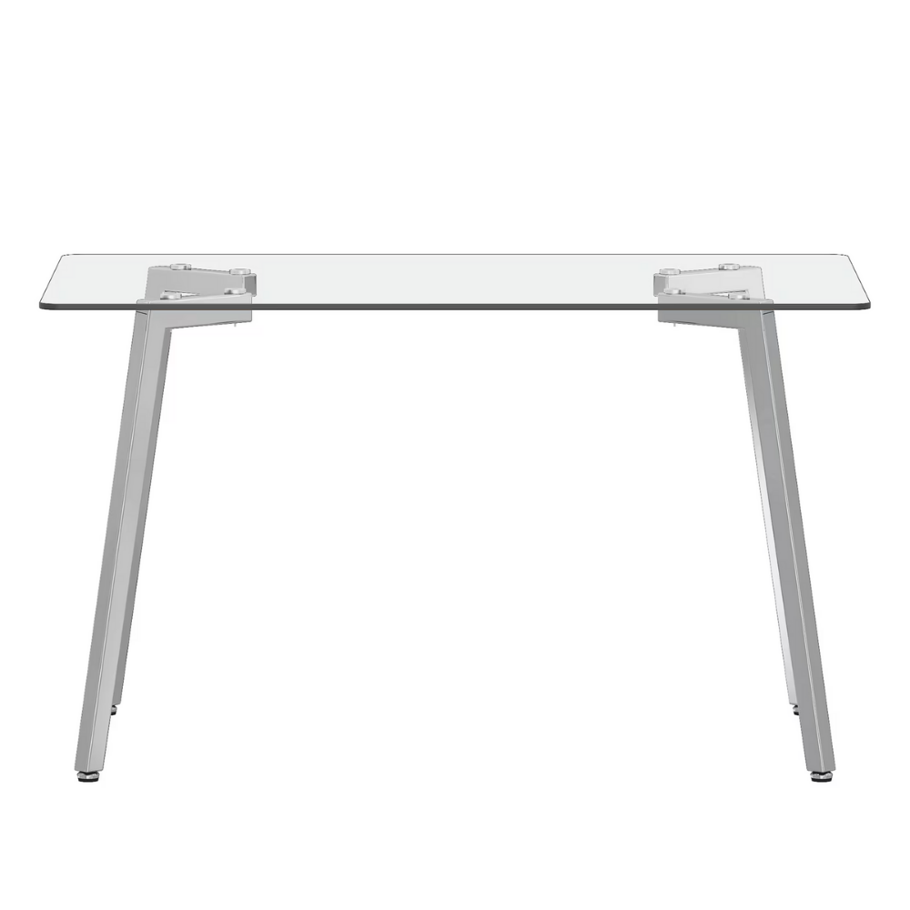 Modern glass dining table with clear tempered top and Z‑shaped metal legs in silver or gold, sleek minimalist design, easy clean, space‑saving.