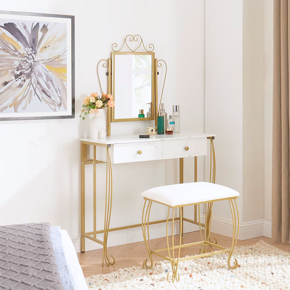 Elegant gold & white vanity desk with lighted mirror, dual drawers, cushioned stool—perfect for a glam makeup routine and chic bedroom décor.