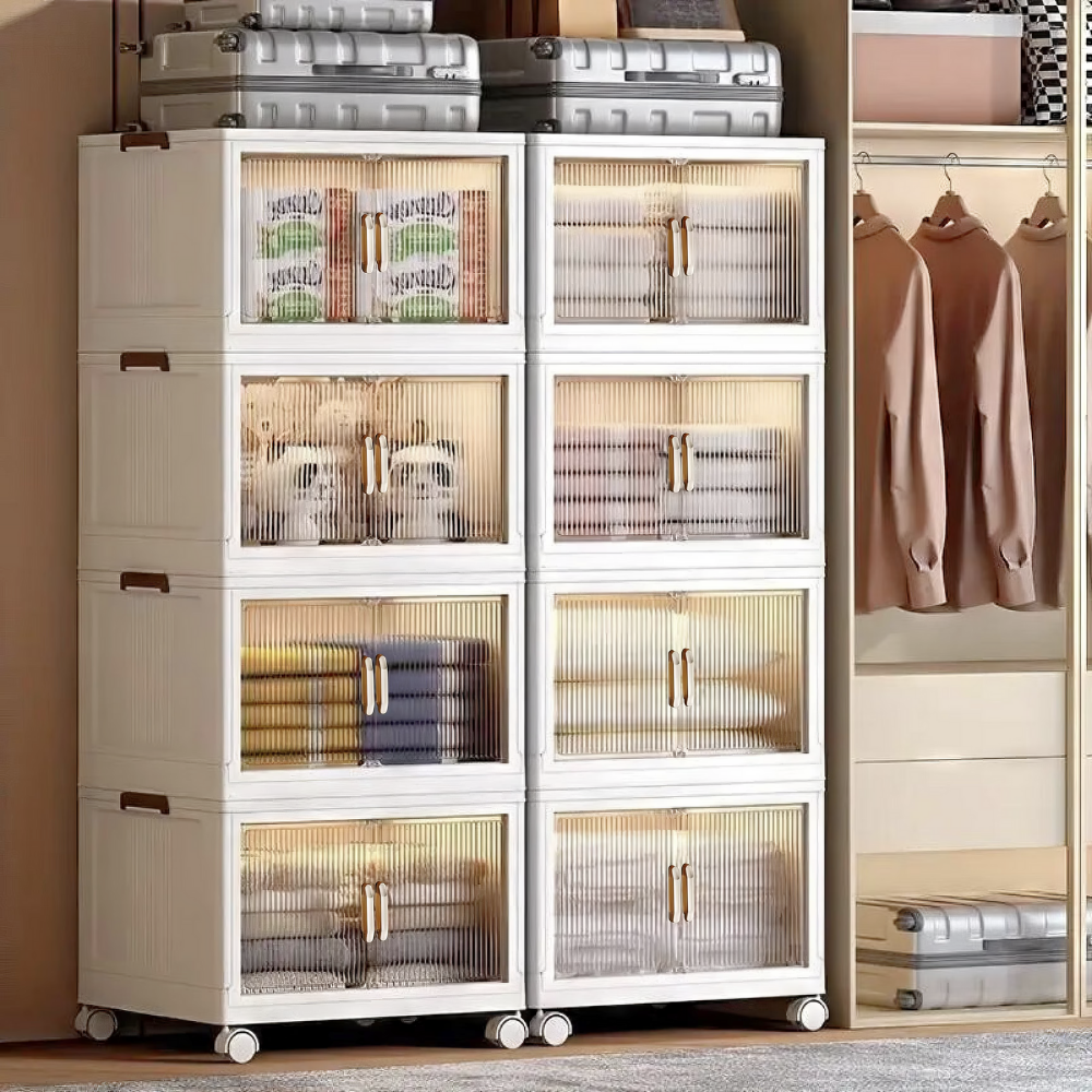Foldable polypropylene storage box with clear swing doors, 3‑tier 21.6‑inch wide mobile organizer on wheels for clothes, toys or kitchen essentials.