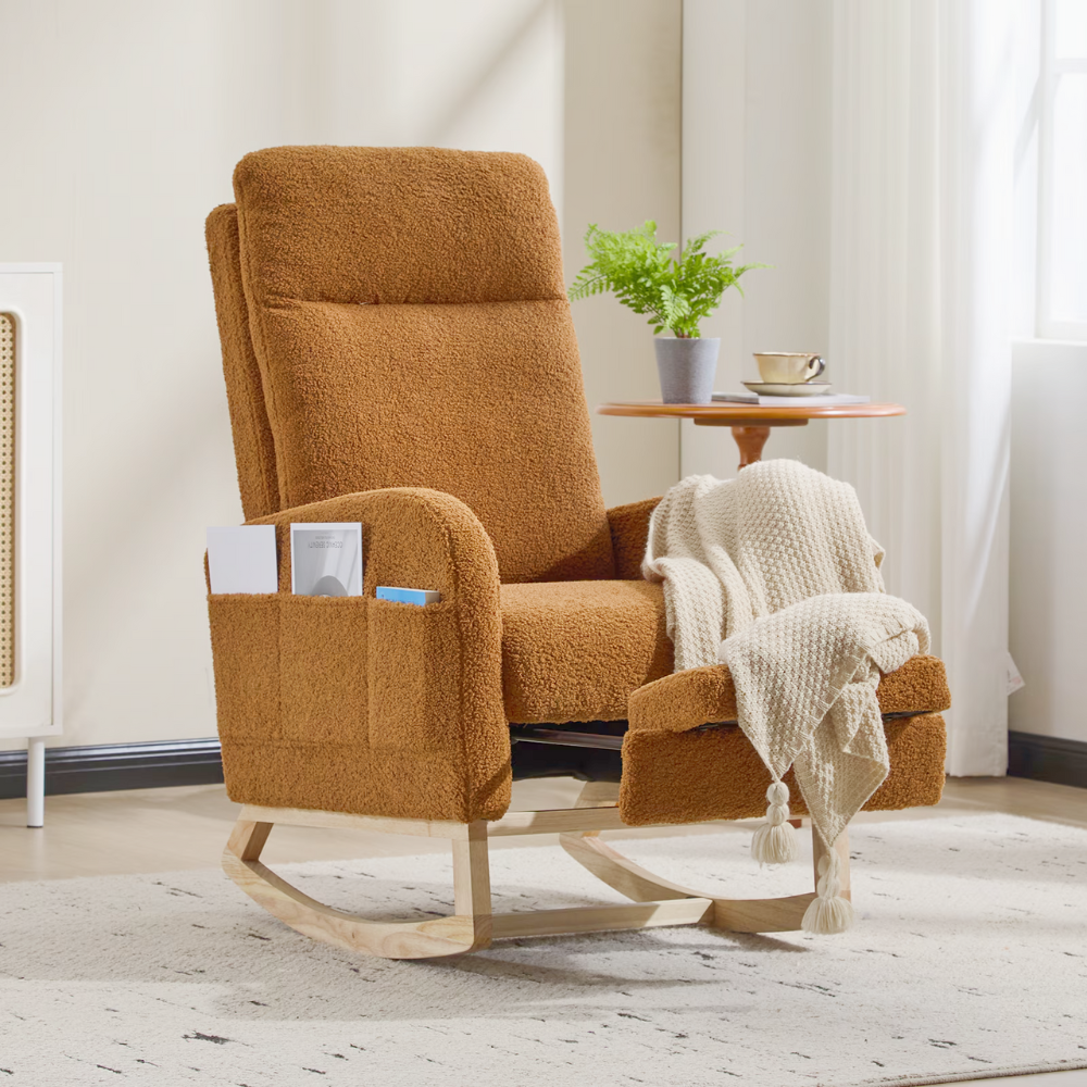 High‑back teddy fabric rocking chair with solid wood base and side pocket, ideal for nursery, reading or relaxing.